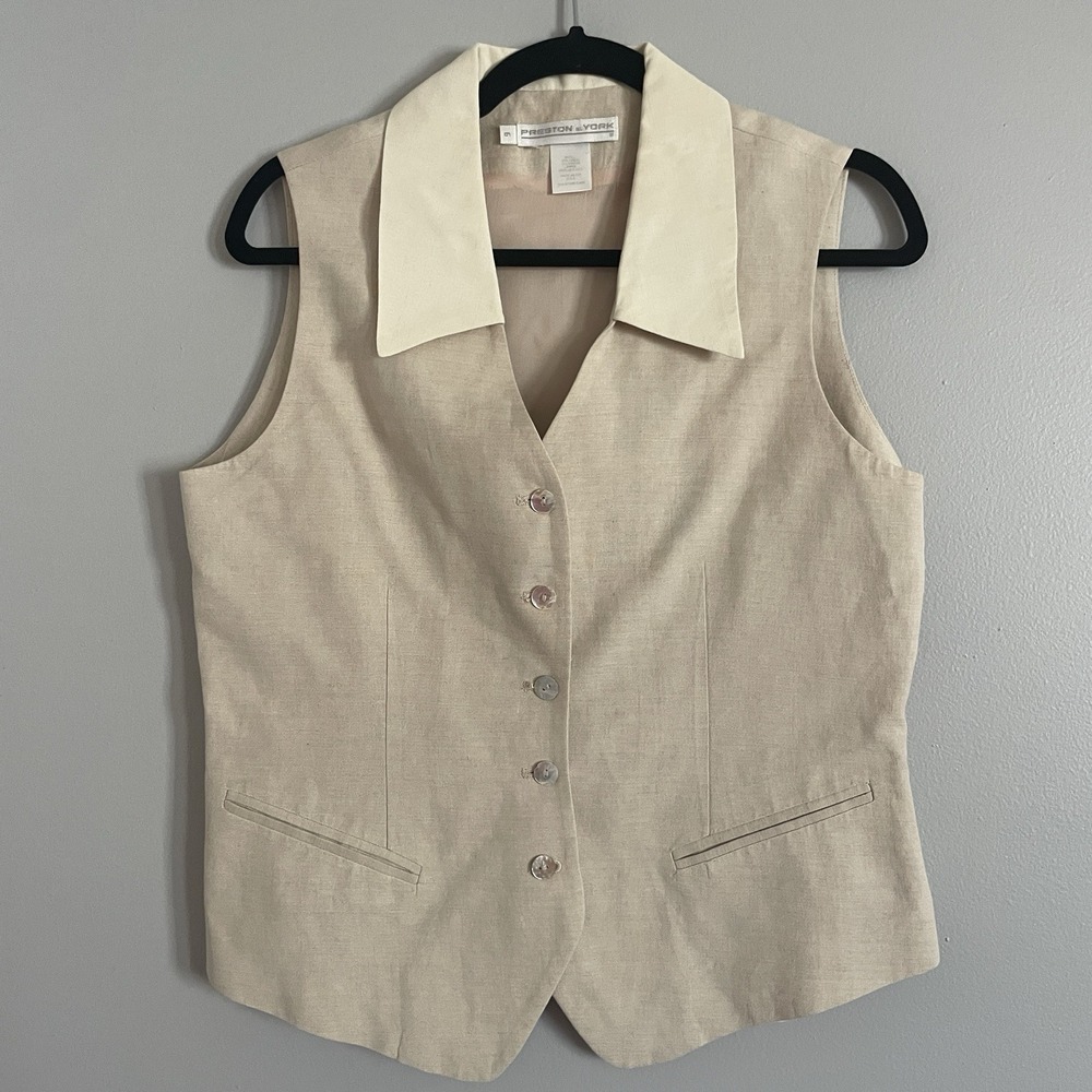 Preston & York Tan Sleeveless Vest 6 Linen Blend Minimalist Capsule‎ Coastal USA